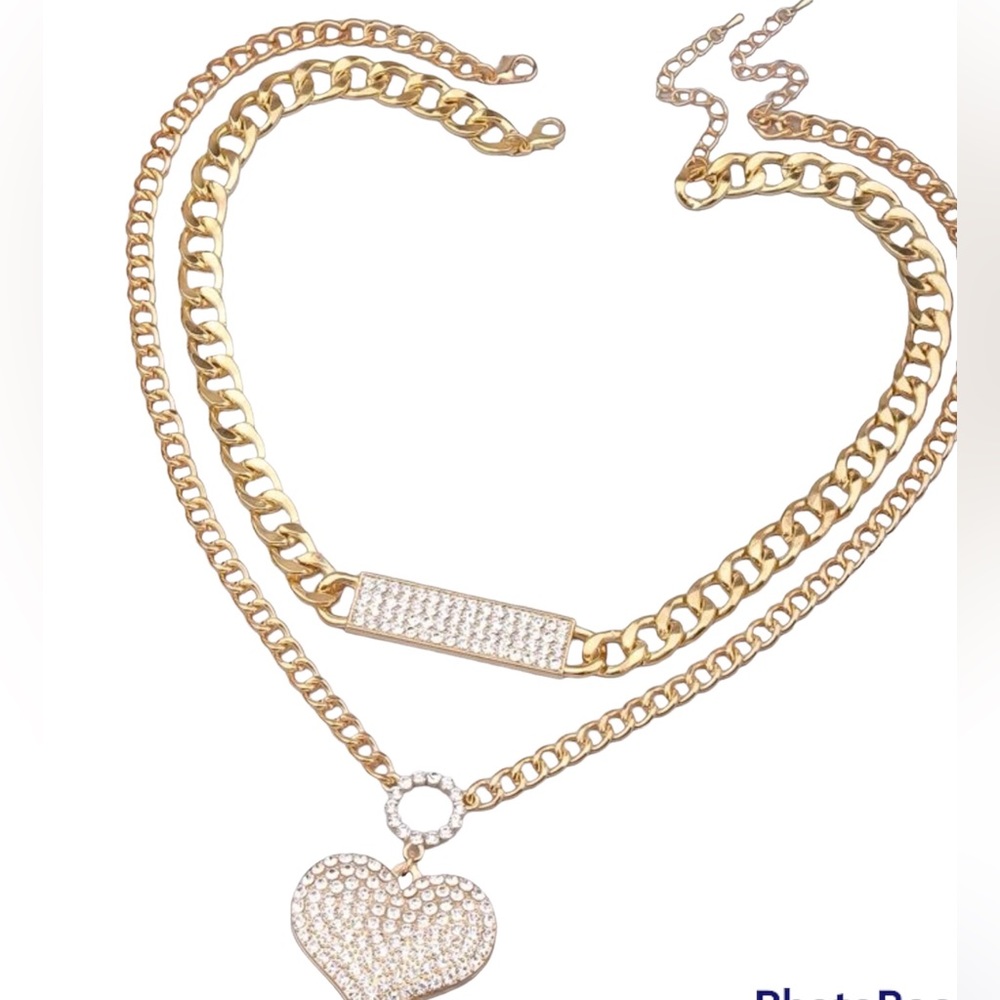Rhinestone 2 piece Heart Charm Necklace Set